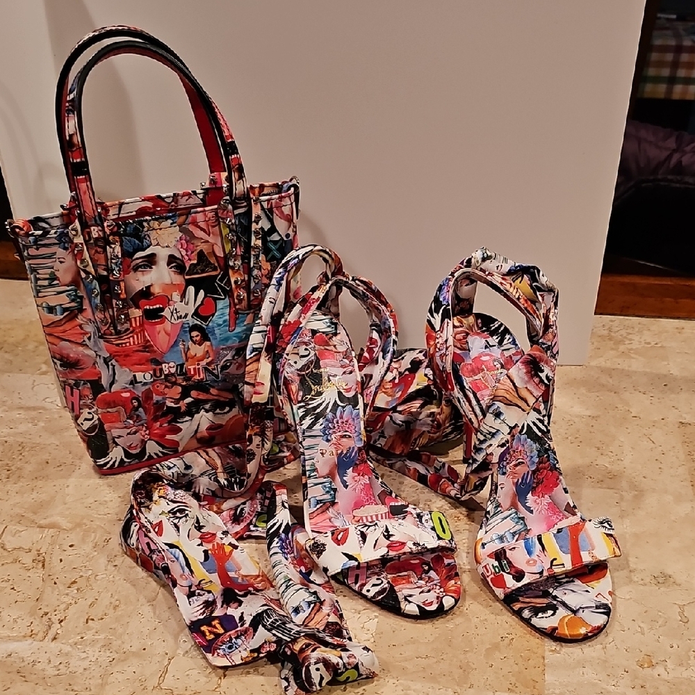 Christian Louboutin Desert Sandal Pop Art ankle tie bow heel pump With Mini Tote